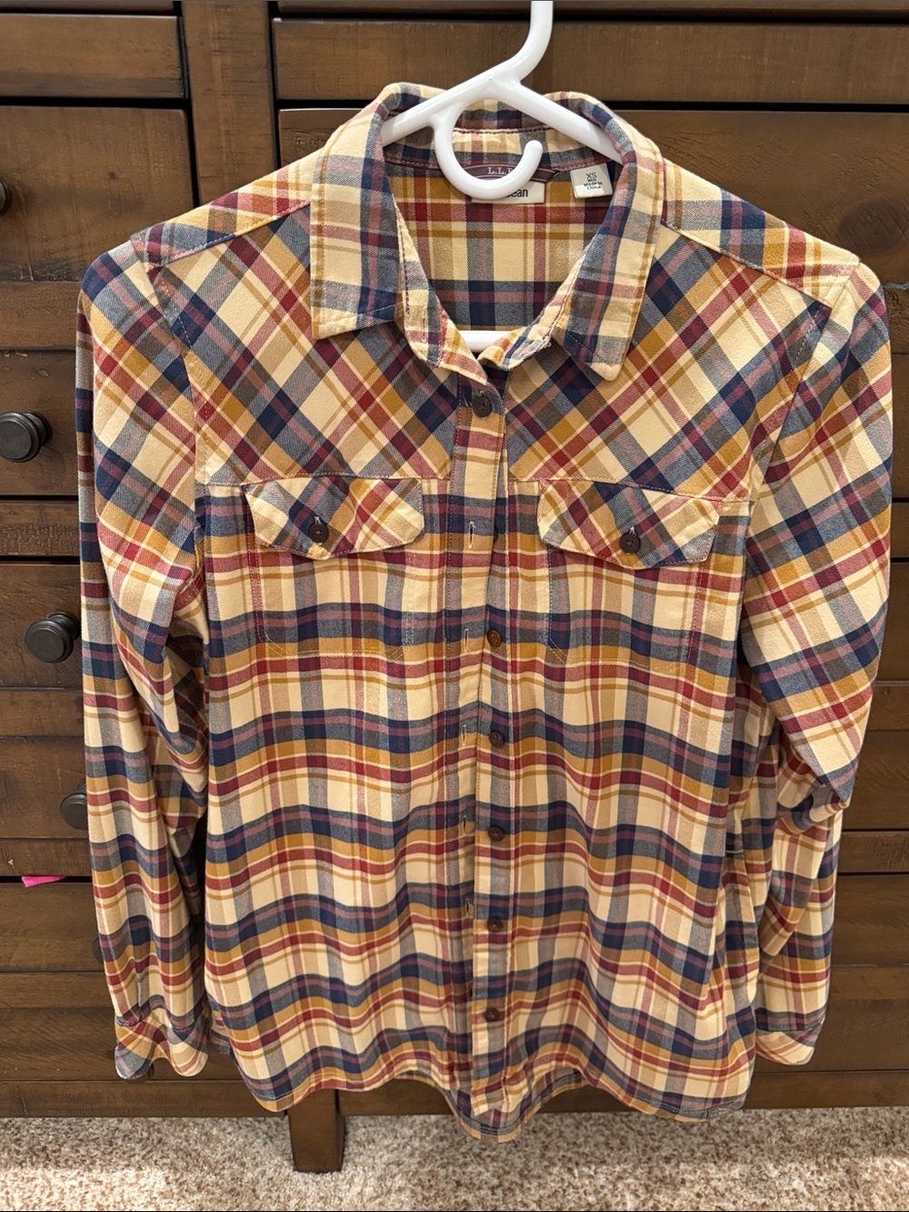 L.L. Bean Plaid Button-Down Tunic Shirt in Cream, Navy, and Red w/side Pockets